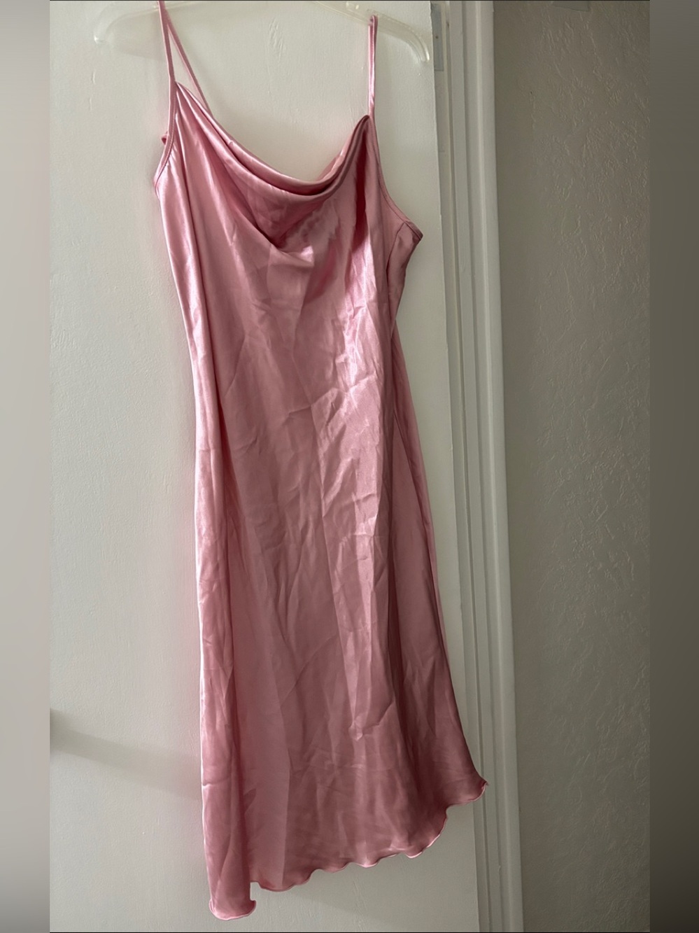bebe Pink Satin Cowl Neck Midi Slip Dress